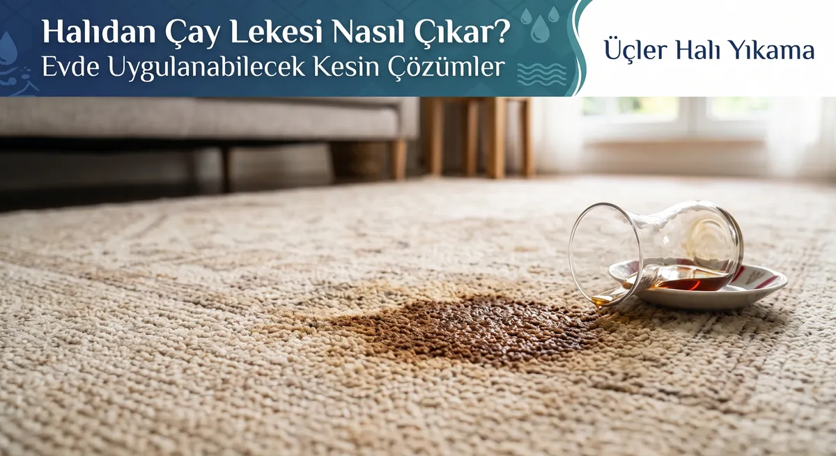Halıya devrilmiş çay bardağı ve halıda oluşan taze çay lekesi — halıdan çay lekesi nasıl çıkar rehberi