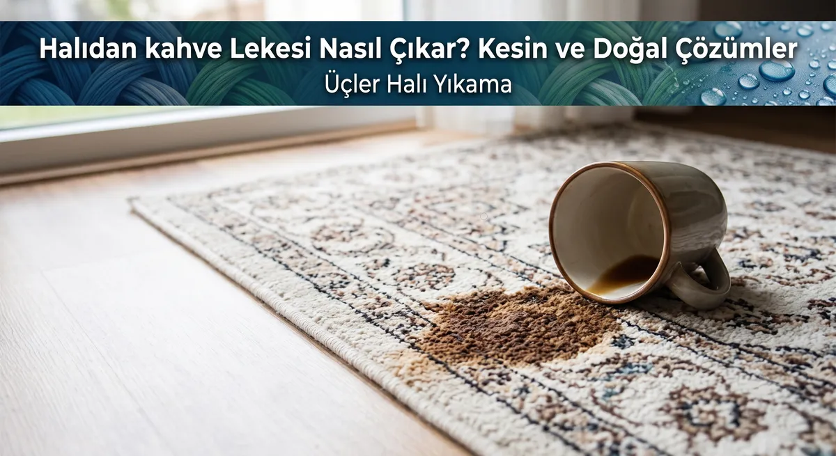 Desenli halıya devrilmiş kahve fincanı ve halıda oluşan kahve lekesi — halıdan kahve lekesi nasıl çıkar rehberi
